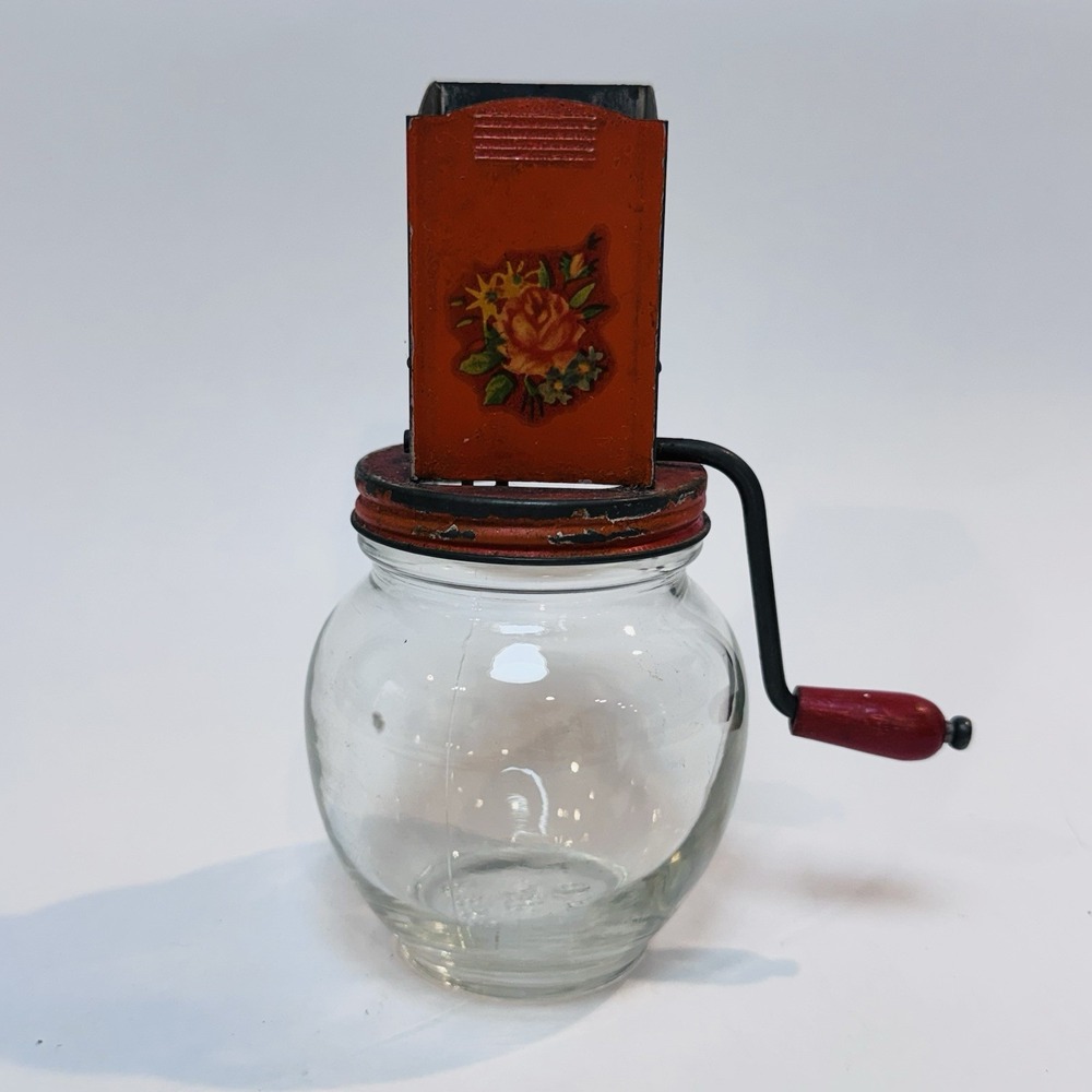 Vintage Hazel Atlas Glass Nut Grinder Red Floral Hand Crank Kitchen Jar‎ 1940s